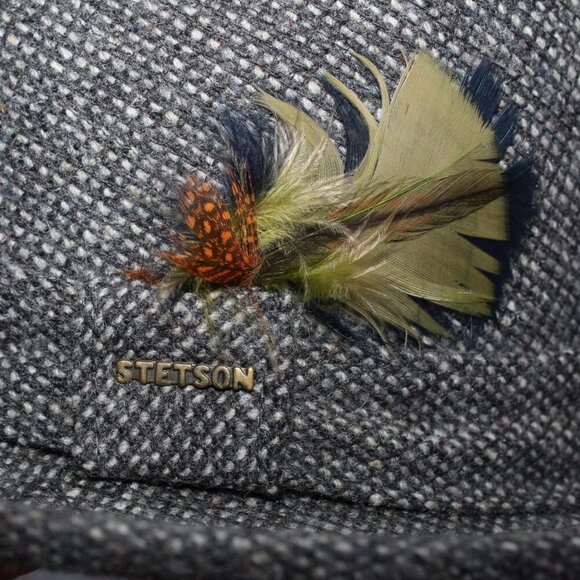 Stetson Tweed Fedora Wool Hat Size 7 1/4  black and white colorful feather - Picture 4 of 10